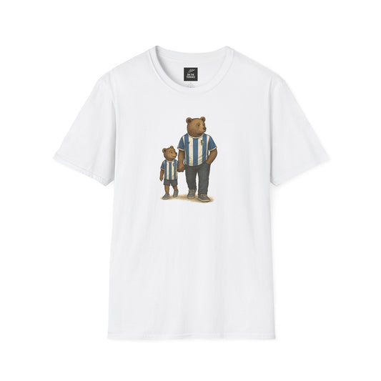 White t-shirt with graphic of two bears wearing blue and white striped sports jerseys holding hands