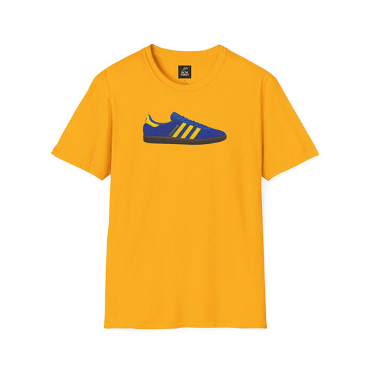 Yellow t-shirt featuring a blue and yellow Adidas Stockholm sneaker graphic on front