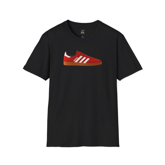 Black t-shirt featuring a red sneaker with white stripes and 'UNITED' text graphic