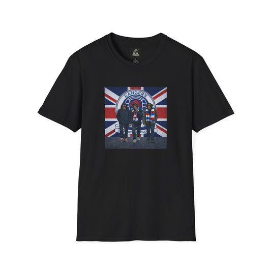 Black Rangers northern monkeys t-shirt with a graphic design of a union jack with RFC crest on a white background