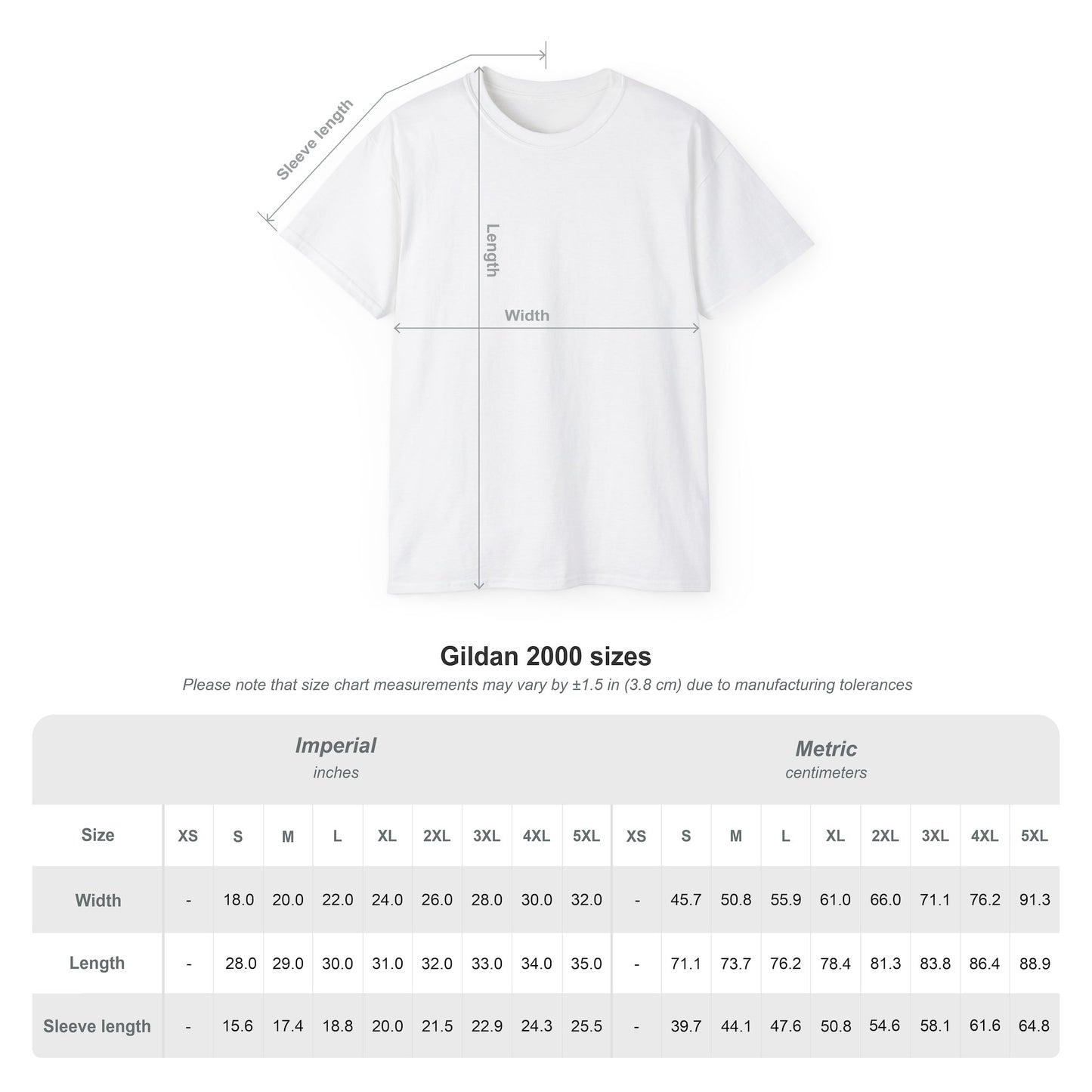 White Gildan 2000 t-shirt with size chart measuring width, length, and sleeve length