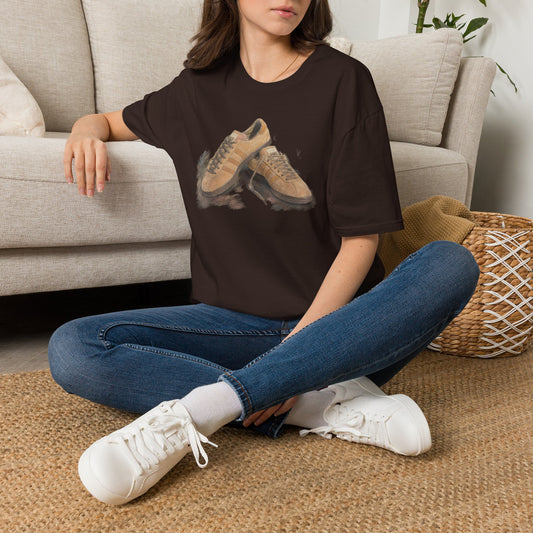 Brown Adidas Samba graphic t-shirt with detailed sneaker print showing side and sole view