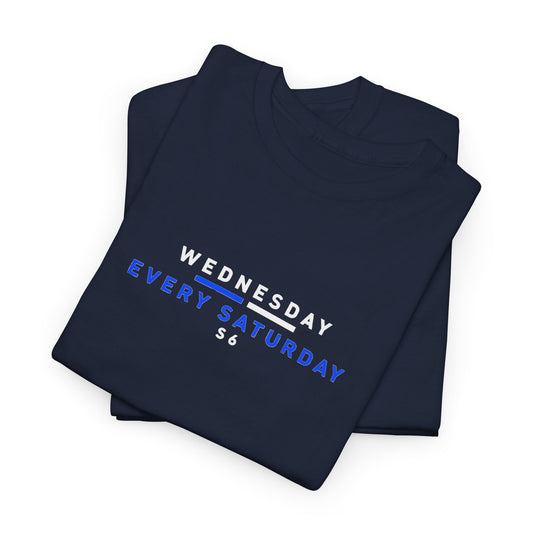 Folded navy SWFC T-shirt showing Wednesday Every Saturday slogan in white and blue
