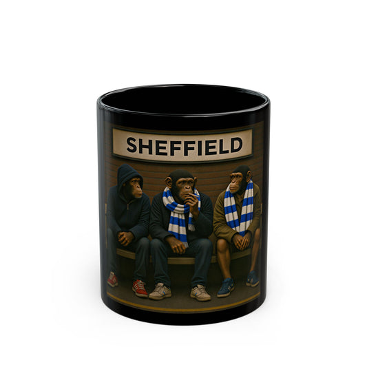 Ceramic mug with three chimpanzees wearing scarves and 'Sheffield' sign with SWFC scarfs