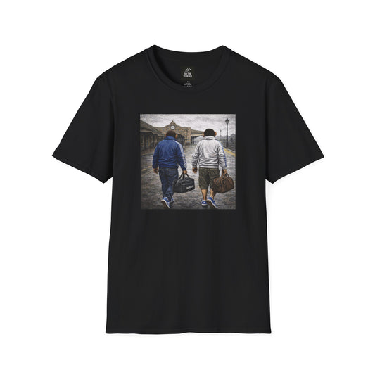 a black Northern Monkeys t-shirt with a graphic design of two people walking on a street.