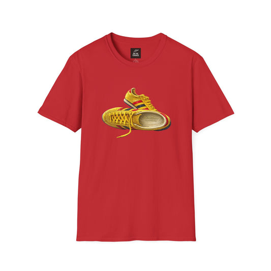 Red t-shirt with hand-illustrated yellow, navy and red retro terrace trainer sneaker graphic print, On The Terrace casual clothing brand