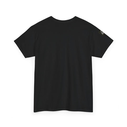 Gray t-shirt with a mountain logo on the back against a white background