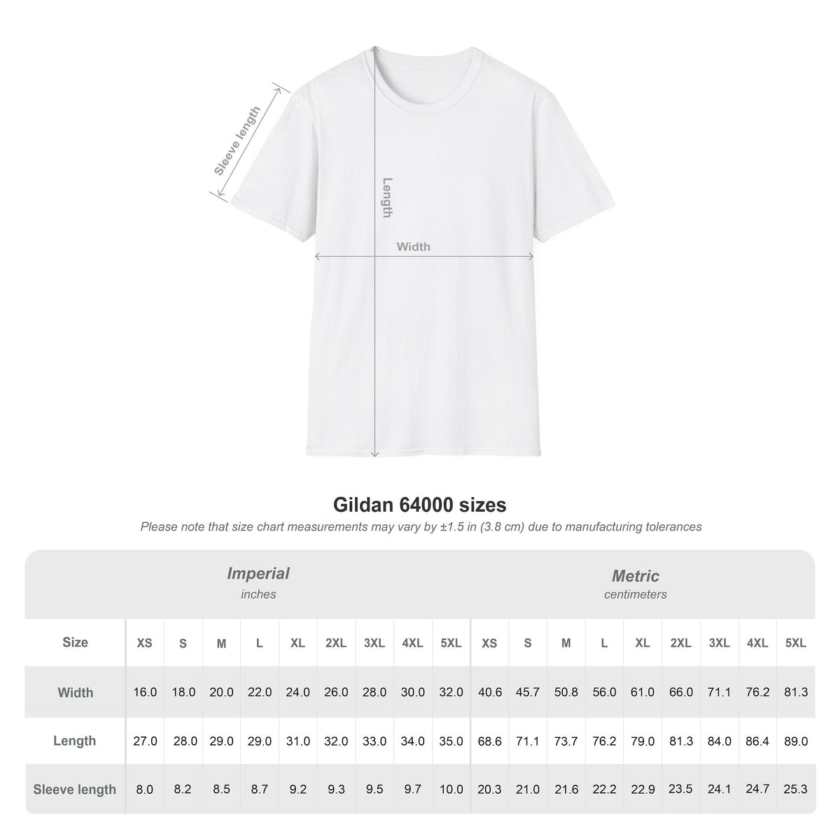 Oasis-inspired graphic t-shirt size guide chart