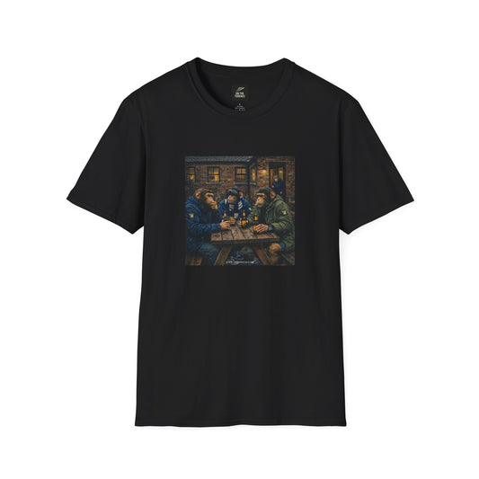 Black t-shirt with a graphic of people around a table on a white background