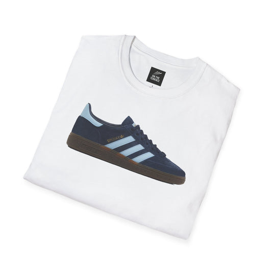 White crew-neck t-shirt with a printed navy blue and light blue Adidas sneaker graphic