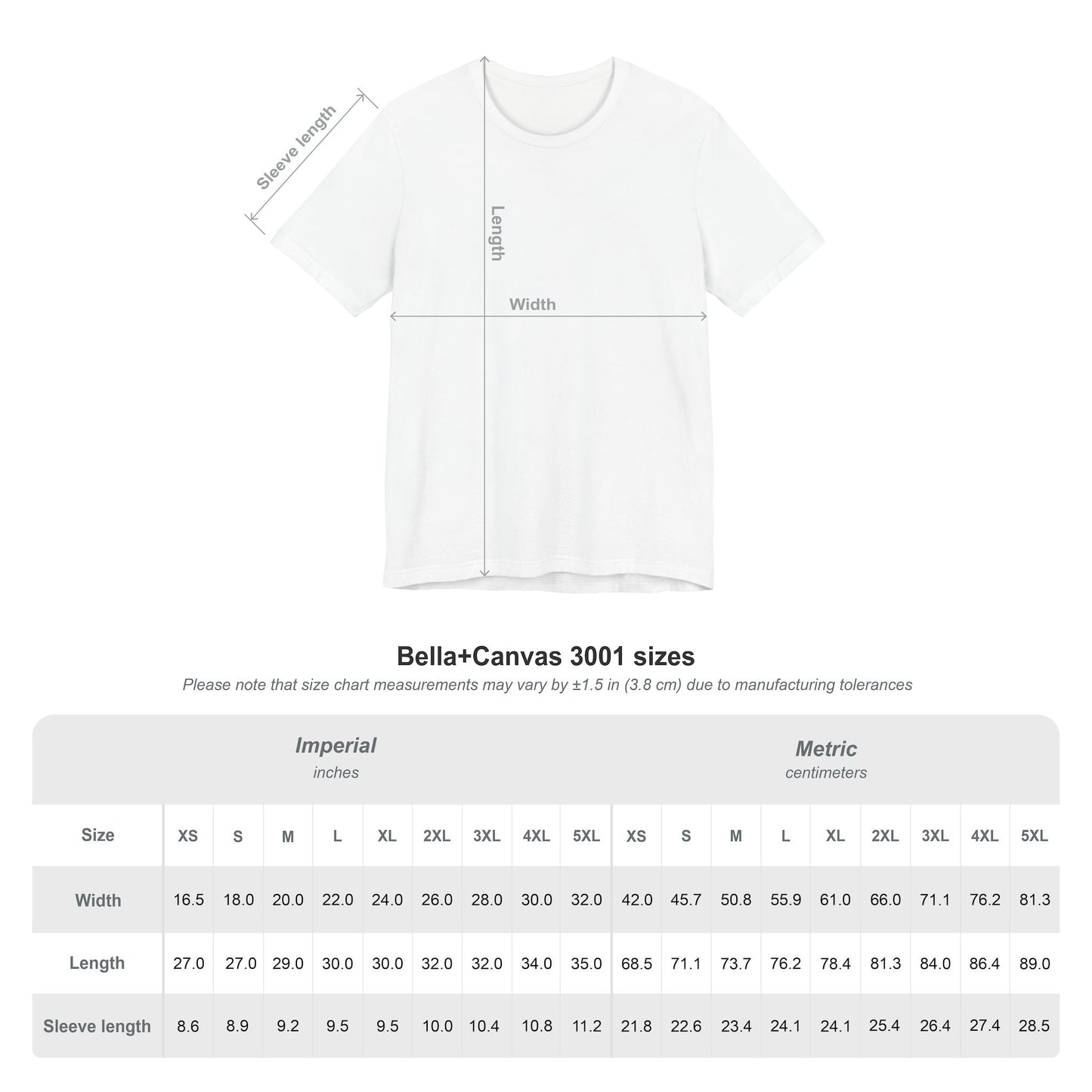Bella+Canvas 3001 white t-shirt size chart with measurements in inches and centimeters