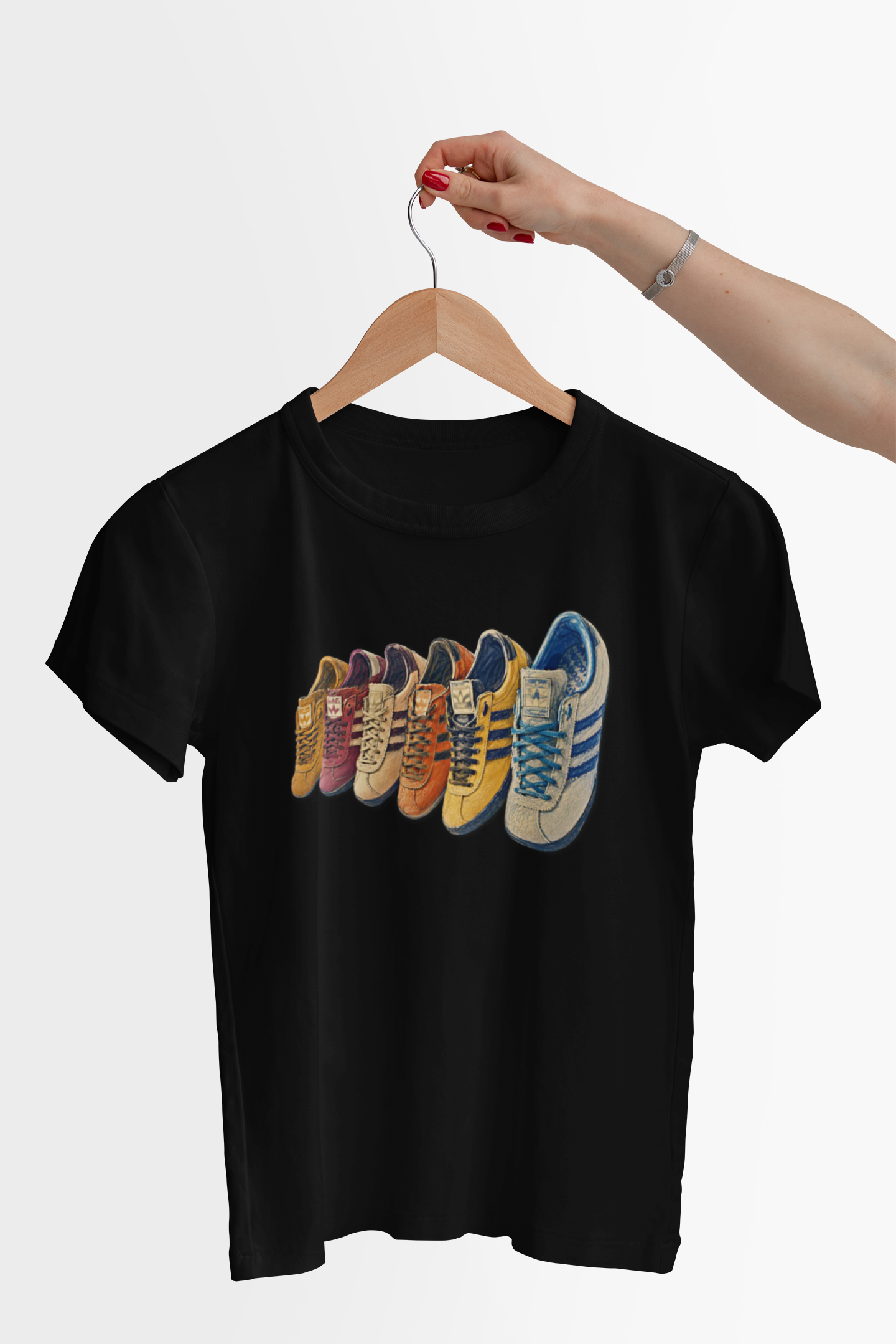 black t-shirt with 5 adidas style trainers