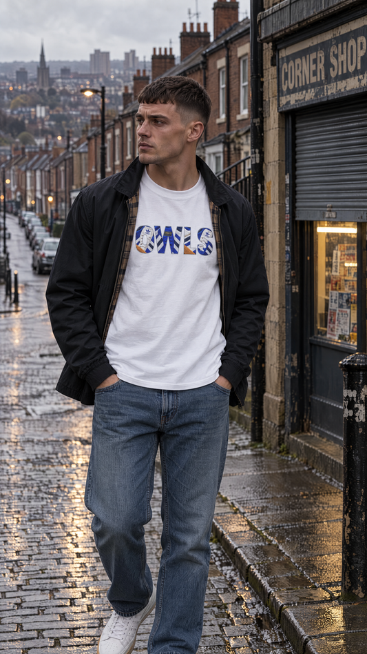 Sheffield Wednesday OWLS Trainer Graphic terrace t-shirt in white, product mockup - On The Terrace casual wear