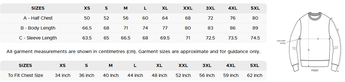 Size chart for unisex sweatshirt, sizes XS to 5XL