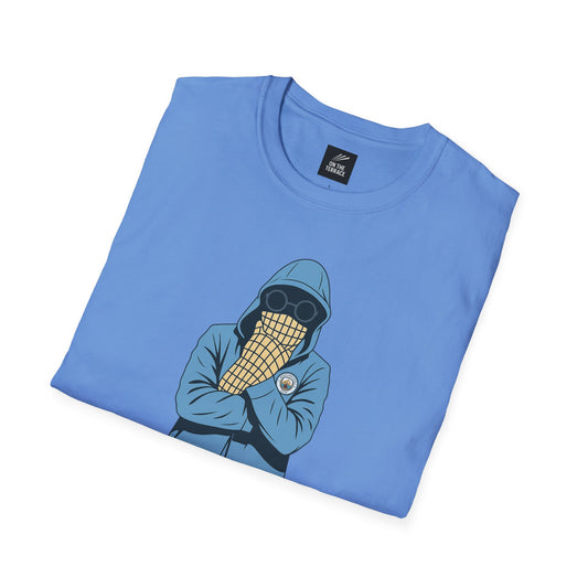 Light blue t-shirt with a graphic of a hooded figure wearing sunglasses and a checked scarf