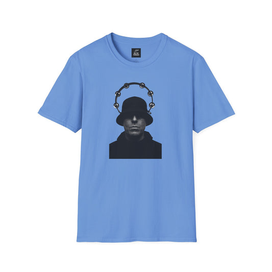 Oasis Liam Gallagher Shirt in sky blue with bold black silhouette and tambourine halo, perfect for Britpop fans and music fashion lovers.