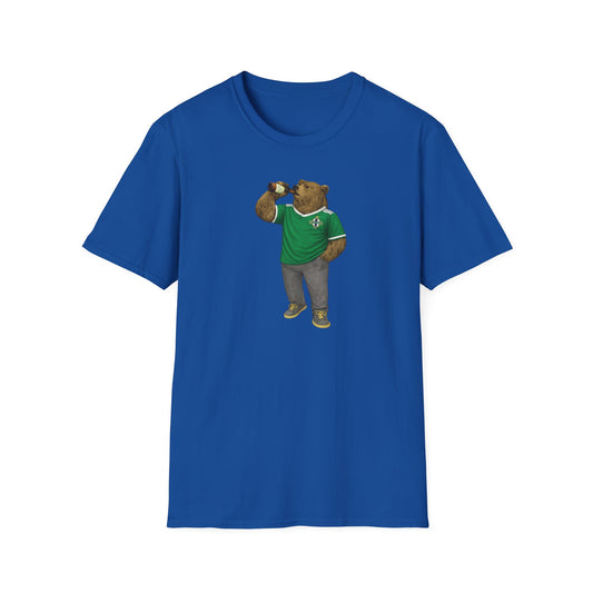Northern Ireland Bear T-Shirt in royal blue featuring a cartoon bear in a green jersey raising a drink, perfect for casual and outdoor wear.