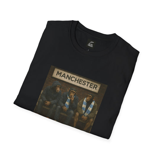 Black t-shirt with 'Manchester' graphic on a white background