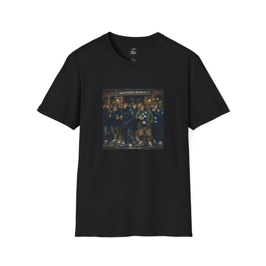 Black t-shirt with a graphic print on a white background