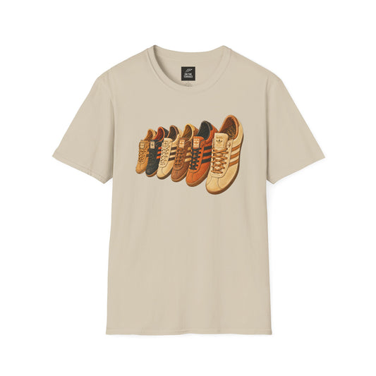 Beige multi retro sneaker graphic t-shirt with colorful vintage trainer collection print