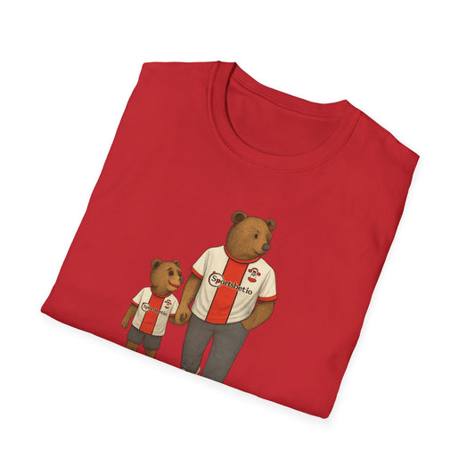Red t-shirt with illustration of two bears wearing red and white sports jerseys holding hands