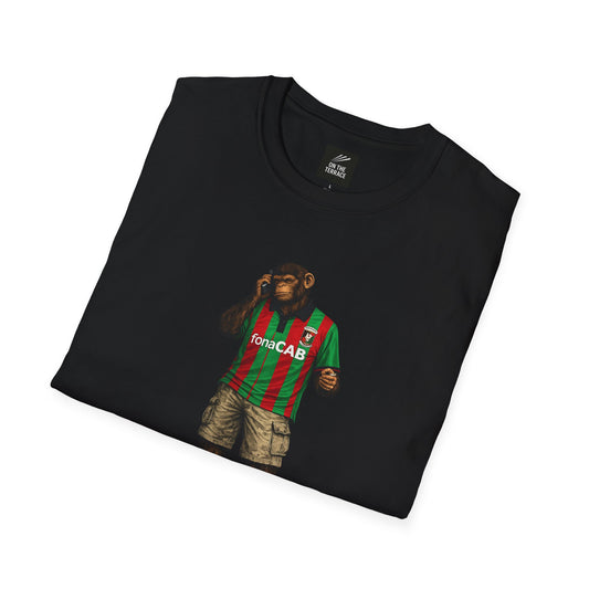 Black t-shirt featuring a chimpanzee wearing a vintage green and red striped Glentoran "fonaCAB" jersey, cargo shorts, and blue trainers.
