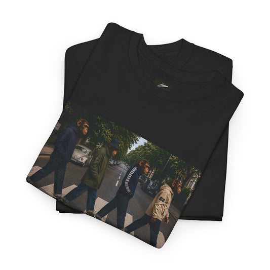 Close-up of Beatles Abbey Road Casuals graphic on black heavy cotton T-shirt