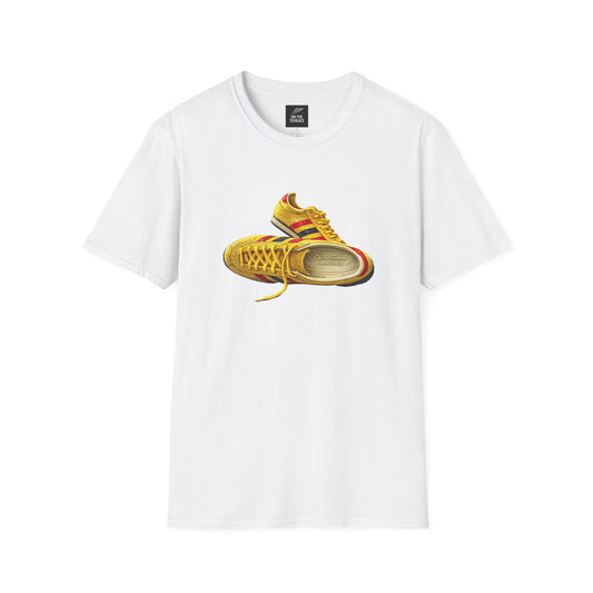 White t-shirt with hand-illustrated yellow, navy and red retro terrace trainer sneaker graphic print, On The Terrace casual clothing brand