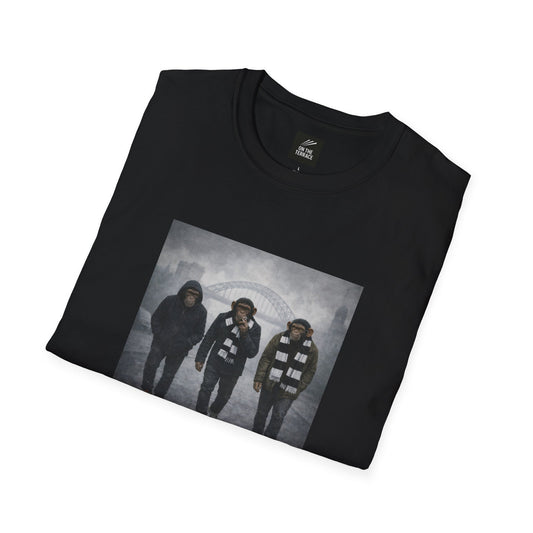 Black t-shirt with a graphic of three people on a white background