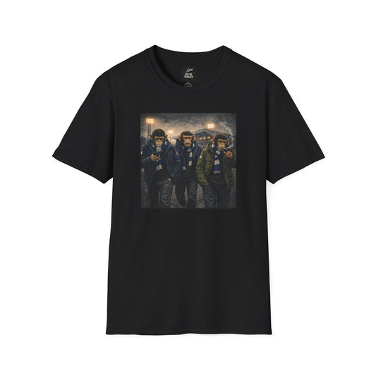 Black Man wearing a black Northern Monkeys t-shirt with a graphic design of four people on a street.