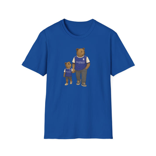 Blue Birmingham t-shirt with illustration of two bears wearing BoyleSports football casual shirts, one adult and one child