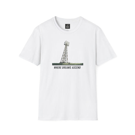 White t-shirt with graphic of stadium floodlight tower and text 'Where Dreams Ascend'