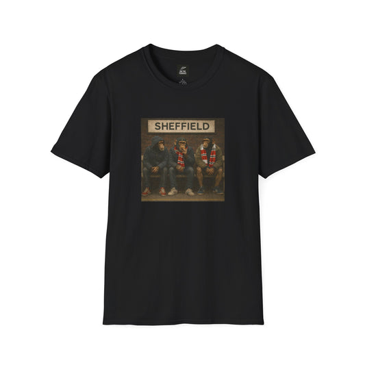 Black Sheff United t-shirt with a graphic of four people and 'Sheffield' text on a white background