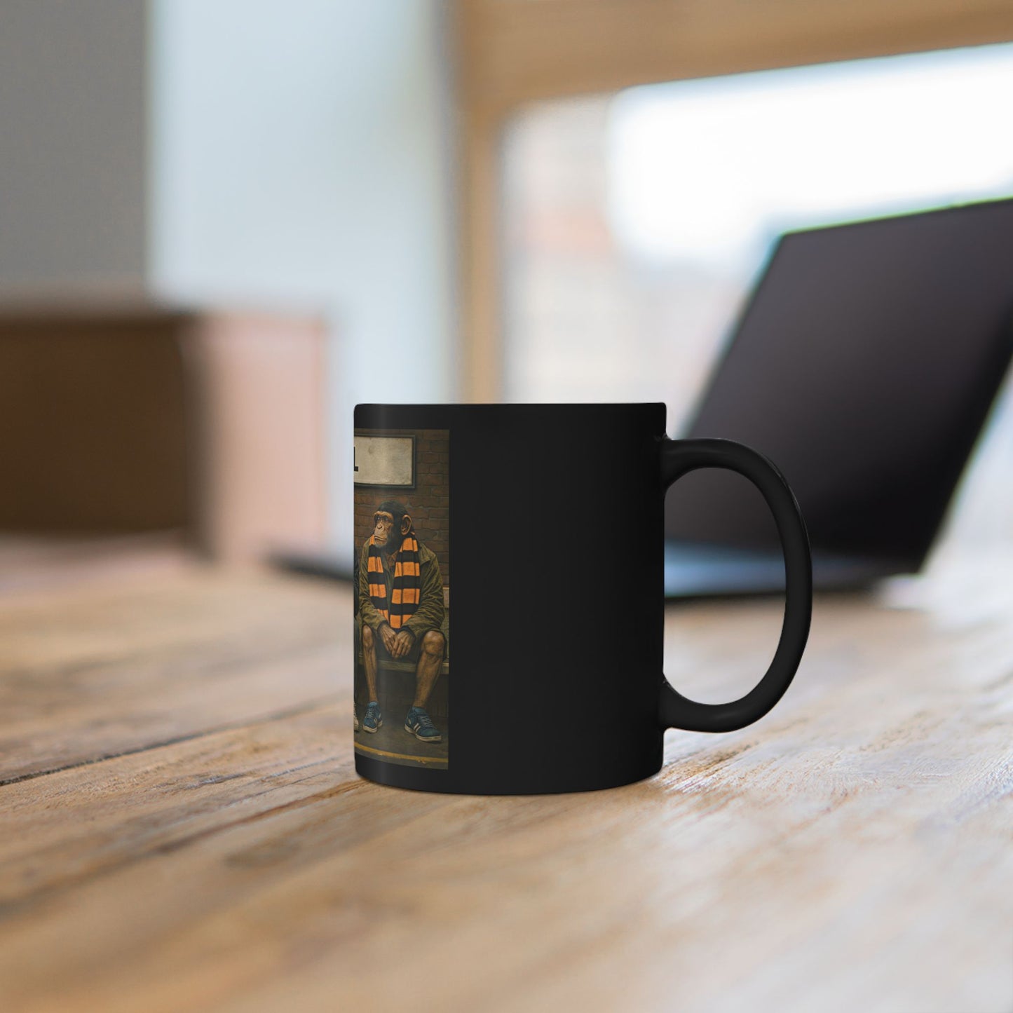 Black mug with text on a wooden surface
