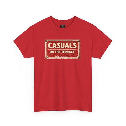 A red DRFC t-shirt flat lay featuring a central vintage red and white street sign graphic reading "CASUALS ON THE TERRACE" with "Belle Vue • 1879" printed below, and an inner neck label for On The Terrace.