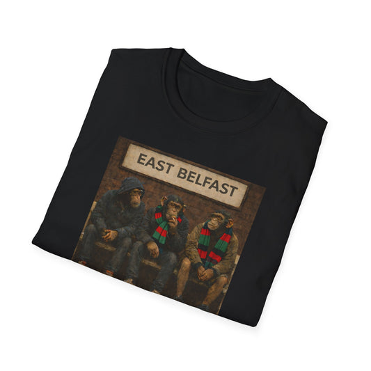 Black t-shirt with a graphic of three chimpanzee football fans in Glentoran-colored scarves sitting under an "East Belfast" train station sign.
