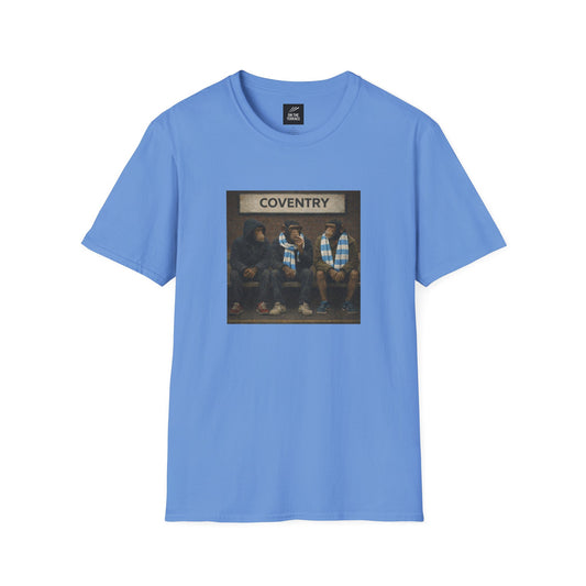 Coventry City Fan T-Shirt Blue t-shirt with a graphic of four people and 'Coventry' text on a white background