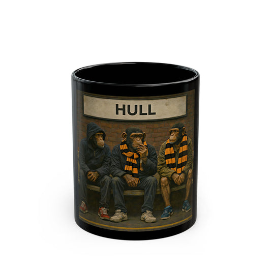 Black mug with illustrations of three chimpanzees wearing scarves and sitting on a bench, with 'HULL' text above them.