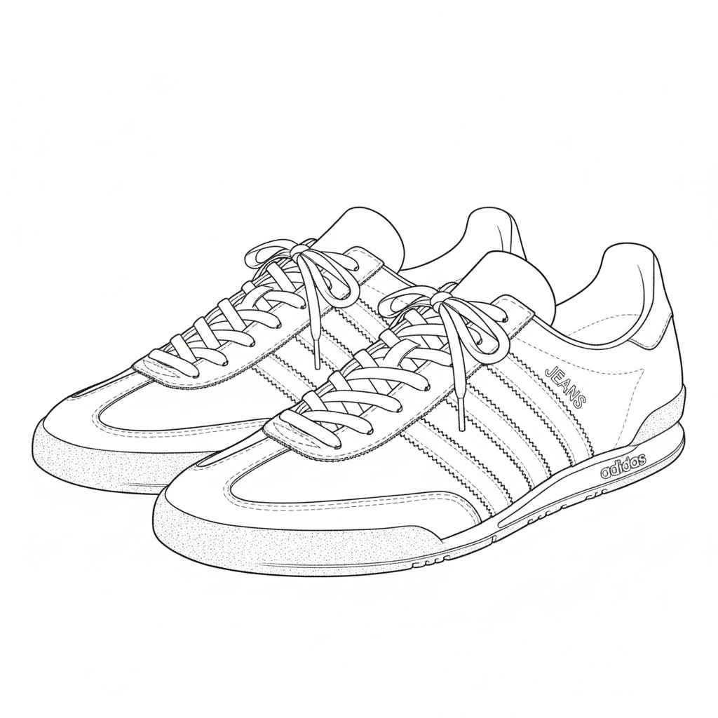 Black and white line drawing of Adidas jeans classic sneakers with three stripes and laces