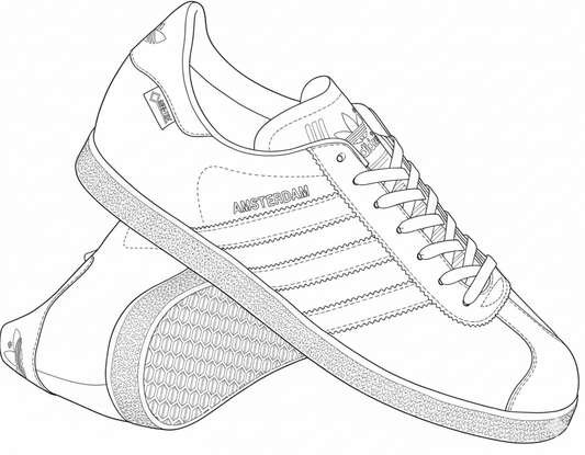 Line drawing of a sneaker with visible brand name on a white background