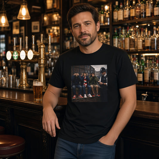 A man standing in a dimly lit pub wearing a black graphic Northern Monkeys t-shirt by On The Terrace, paired with blue jeans.