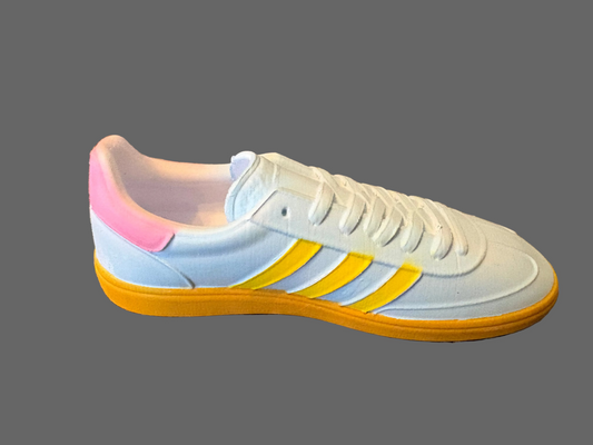 Adidas Havana 3d model sneaker with pink heel and yellow stripes on a textured surface