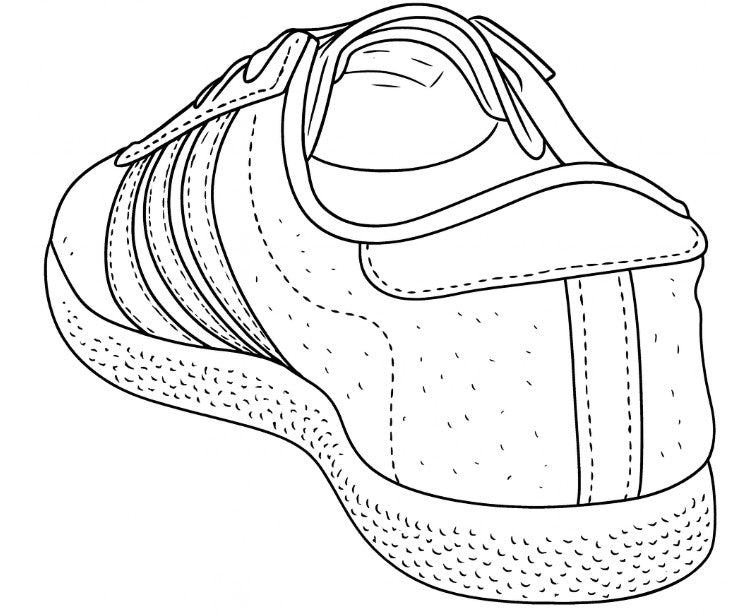 Black and white line drawing of a sneaker
