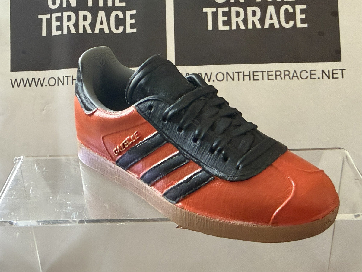 Red and black adidas Gazelle inspired 120 mm 3D model, front three-quarter view