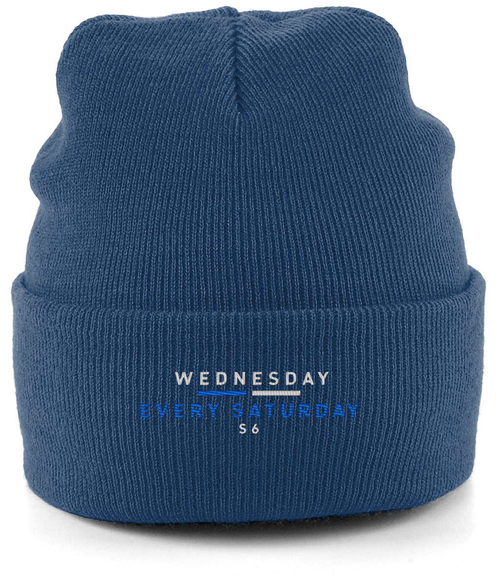 Navy Sheffield Wednesday cuffed beanie reading Wednesday, Every Saturday, S6 in white and blue