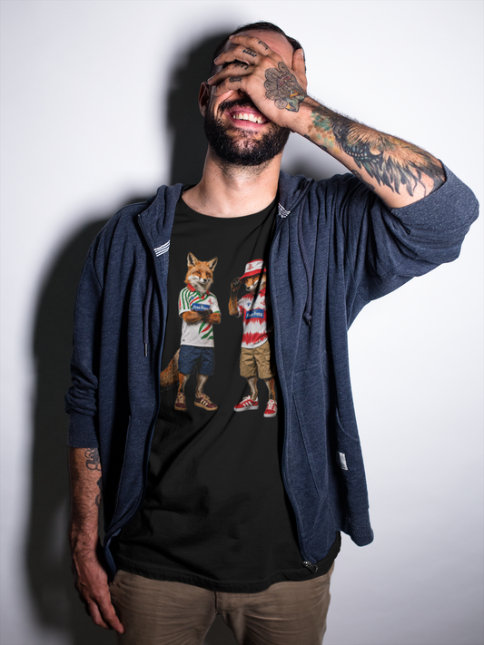 On The Terrace English Foxes black graphic t-shirt featuring retro Doncaster Rovers inspired terrace casuals artwork