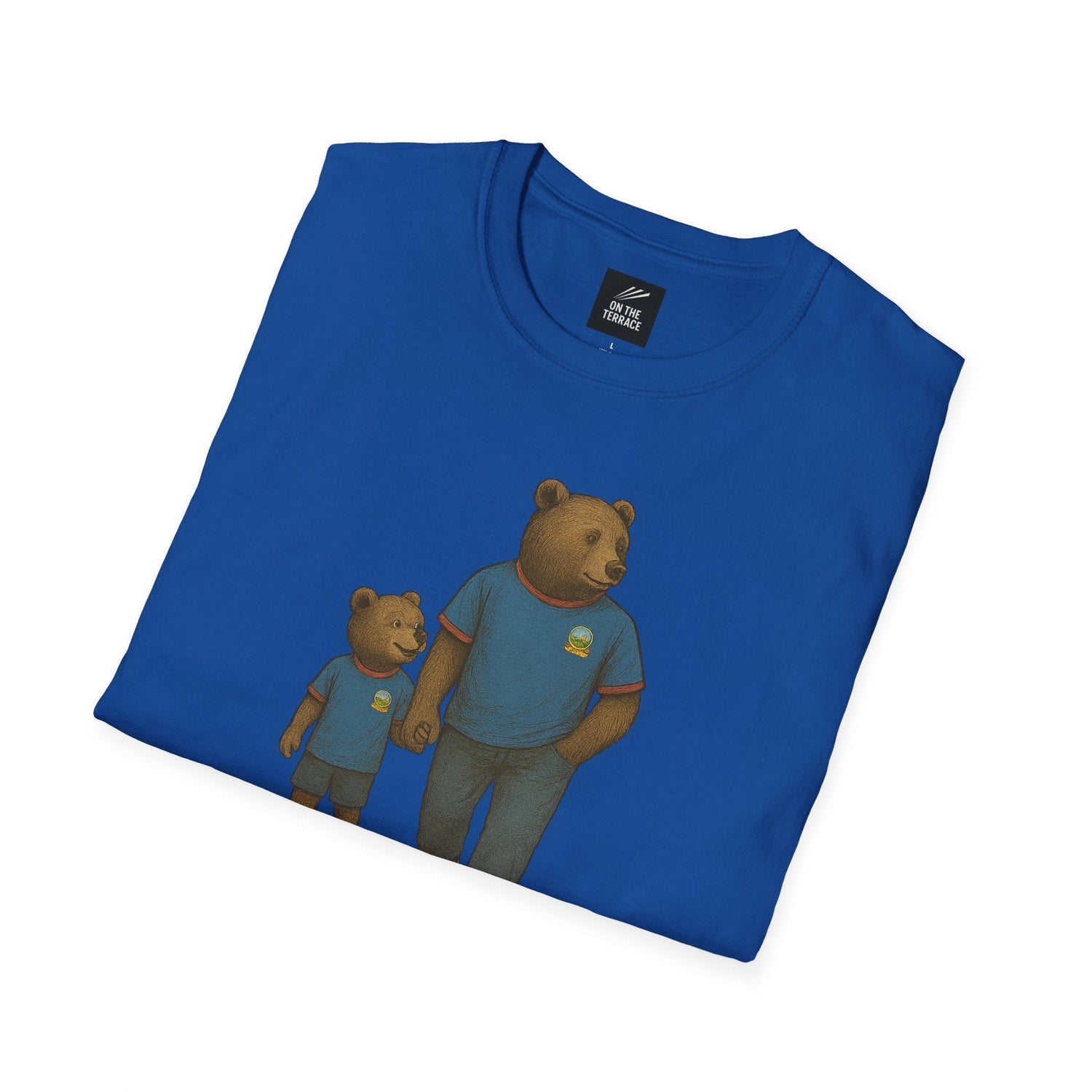 Blue t-shirt with illustration of two bears holding hands wearing matching blue shirts