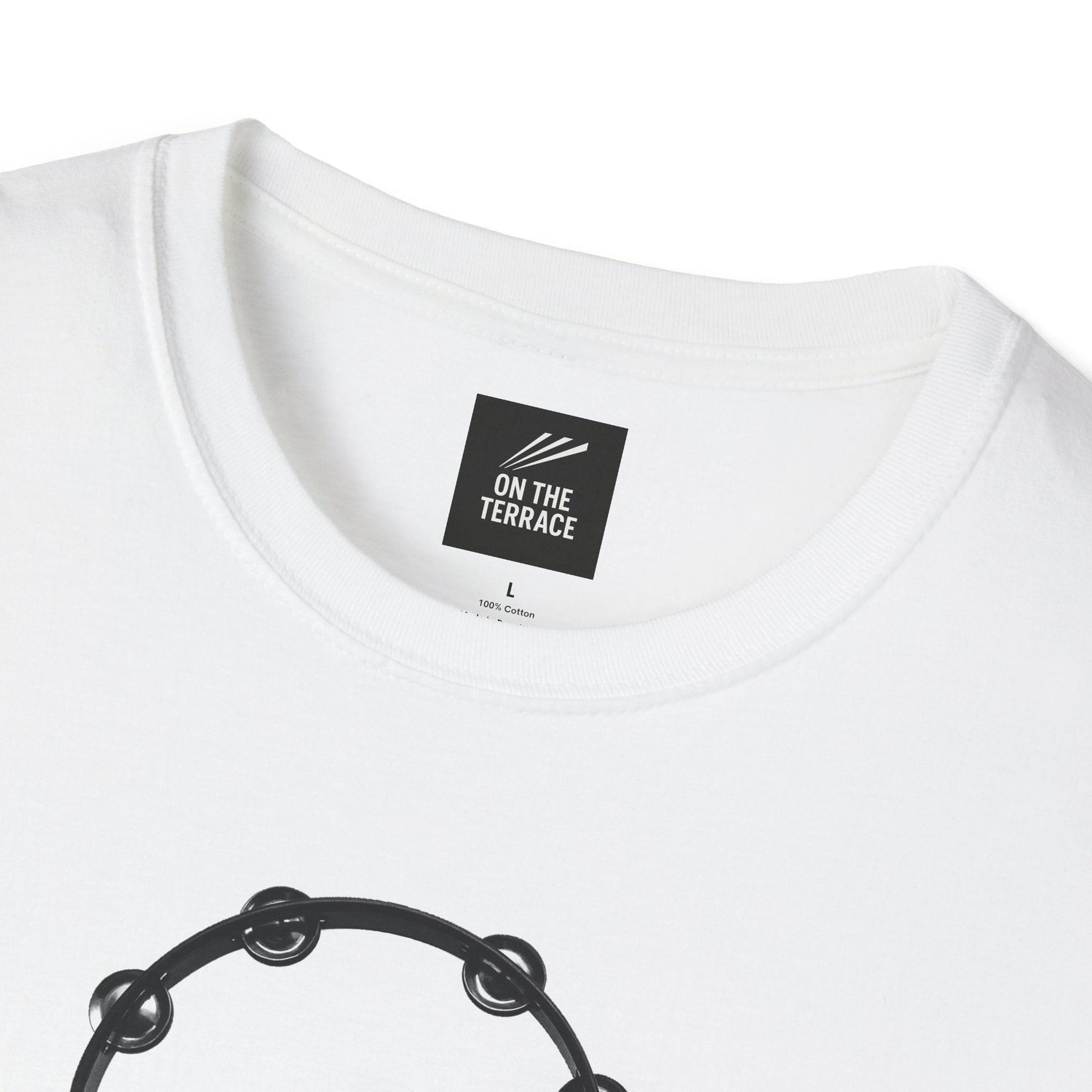Close-up of white cotton T-shirt with On The Terrace label and black tambourine print