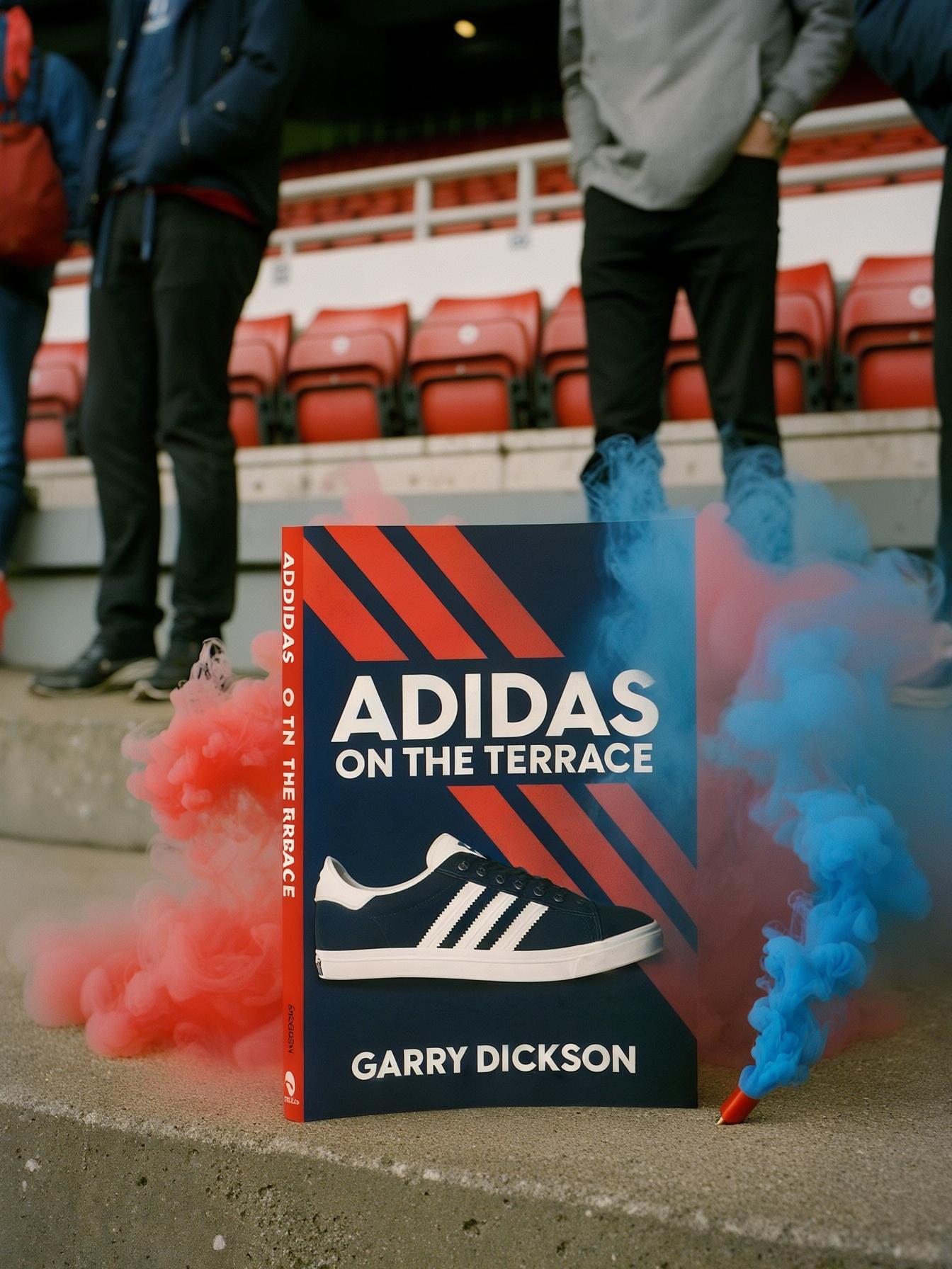 Book titled Adidas On The Terrace by Garry Dickson with blue and red smoke on a concrete stadium step