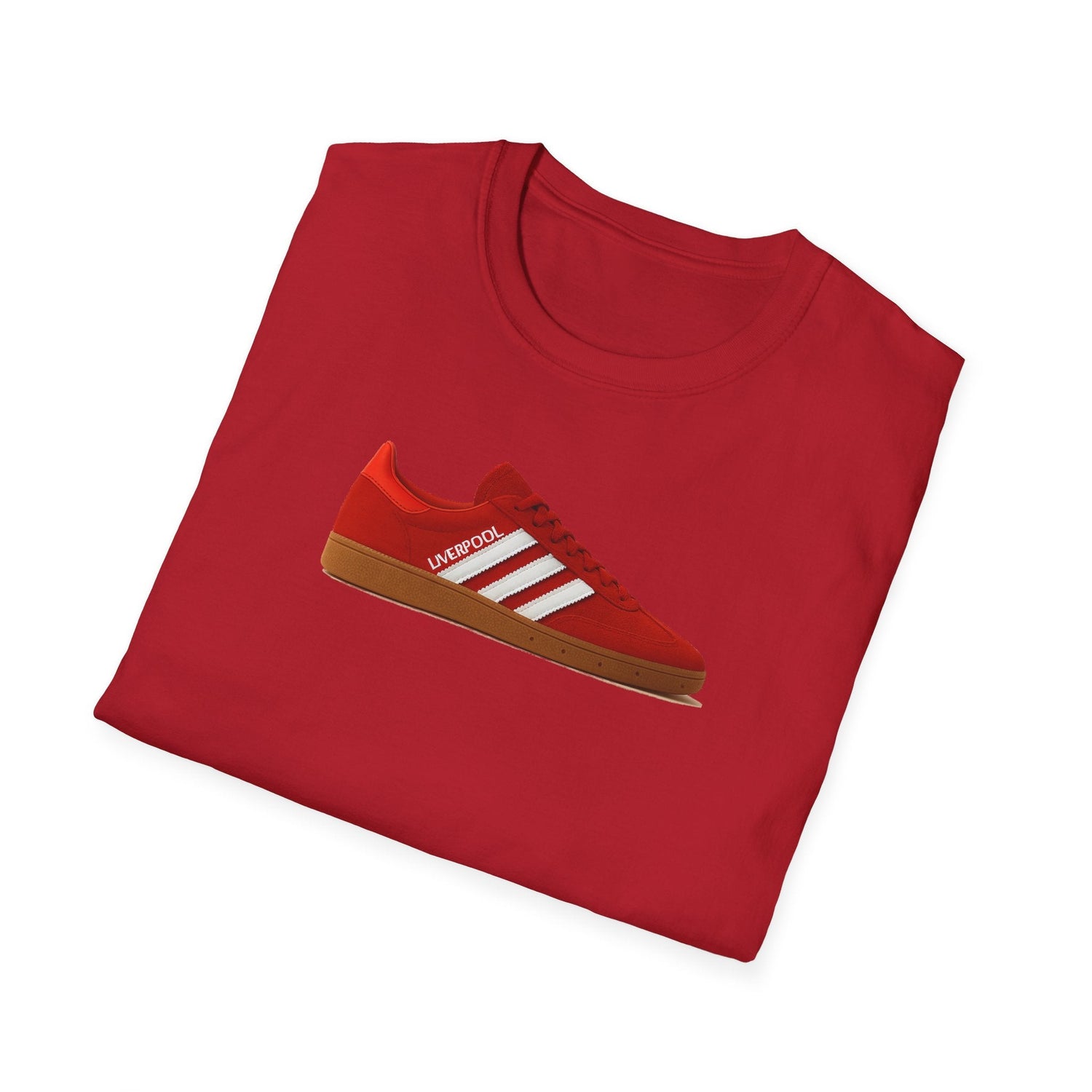 Red folded t-shirt featuring a graphic of a red sneaker with white stripes and Liverpool text